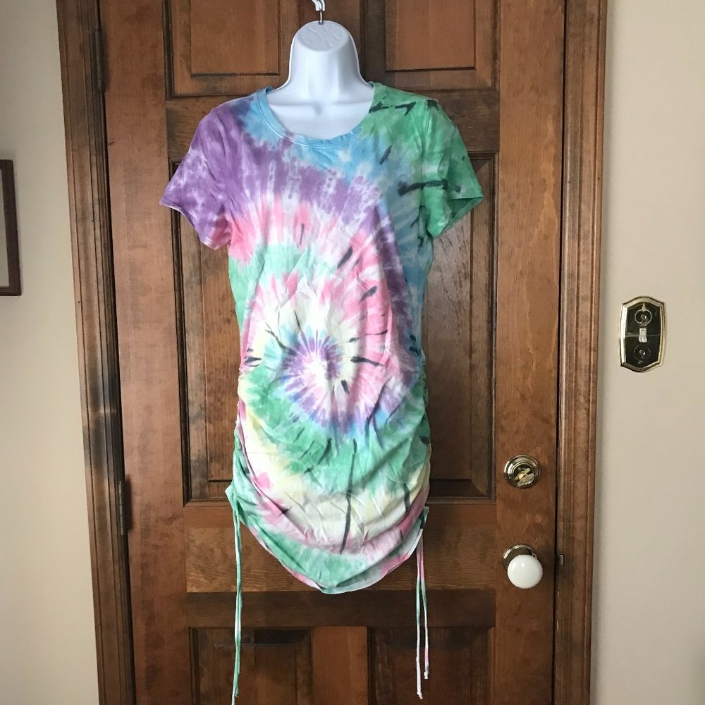 PINK Tie Dye Short Sleeve Tee Dress w/Self-Tie Ruched Sides Large